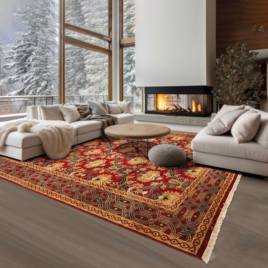 8'1''x9'10'' Hand Knotted Wool Red, Gold Agra Traditional Rug