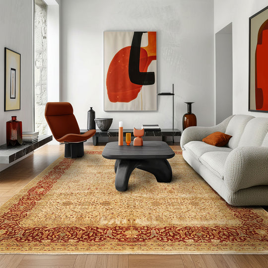 8'1''x10 Hand Knotted New Zealand Wool Beige, Burnt Orange Agra Transitional 200 KPSI High Sheen Rug