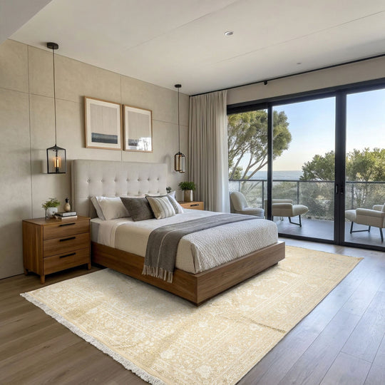 8'10''x11'10'' Hand Knotted Wool & Bamboo Silk Tone on Tone Ivory, Tibetan Transitional Rug