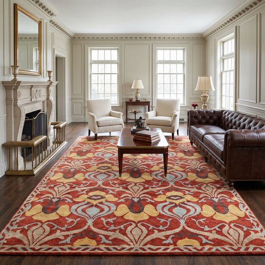 8x9'9'' Hand Knotted Wool Burnt Orange, Aqua Tibetan Traditional Arts & Crafts Plush Pile Rug