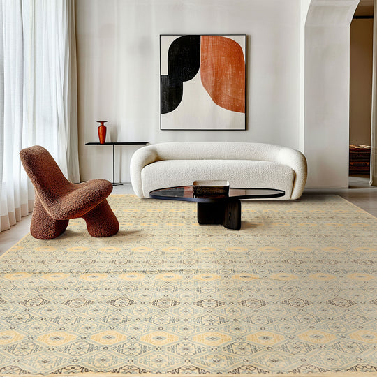 8'1''x9'5'' Hand Knotted New Zealand Wool Ivory Aqua Tibetan Transitional 200 KPSI Kalaty Rug