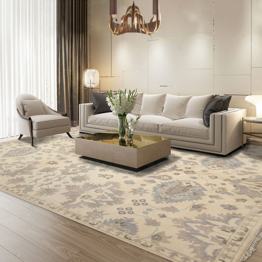 8'2''x10 Hand Knotted Wool Rug Ivory Gray Transitional Oushak Rug