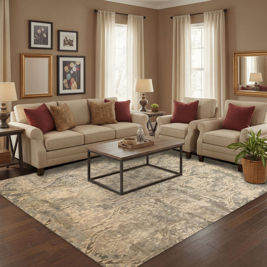8'2''x8'2'' Square Hand Knotted Wool Rug Beige Gray Transitional Tibetan Rug