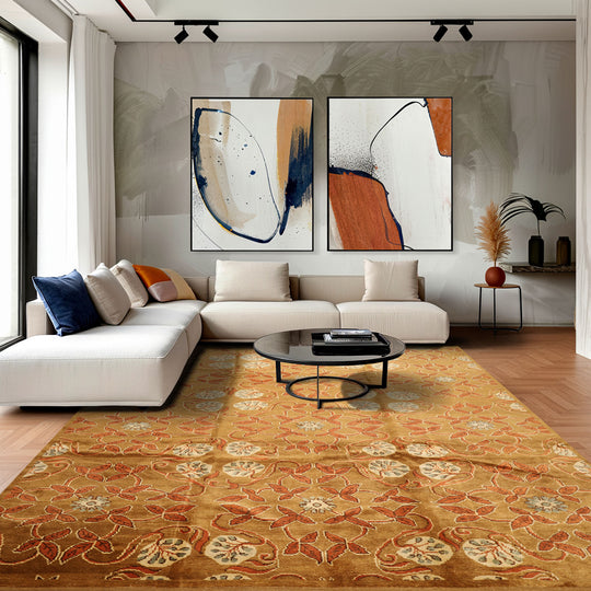 7'11''x10 Hand Knotted Wool Rug Gold Orange Transitional Tibetan Botanical Rug