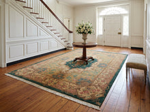 9x12 Emerald, Tan, Rose Color Hand Knotted French Aubusson Savonnerie Wool Traditional Oriental Rug