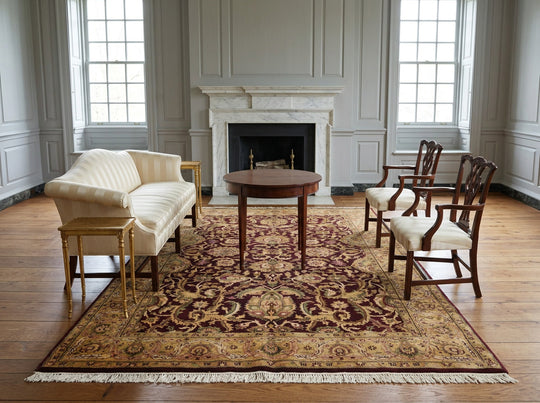 5'11''x9'1'' Hand Knotted New Zealand Wool Rug Maroon, Gold Traditional Agra Plush Pile Rug