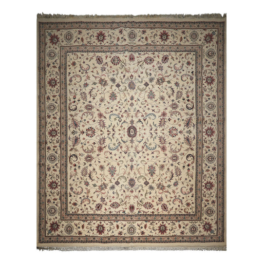 12'2''x14'11'' Hand Knotted wool Rug Ivory, Rose Traditional Kashan Super fine and soft Rug