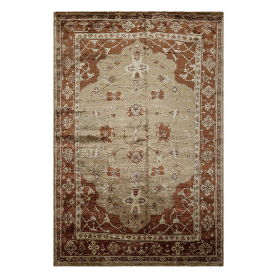6x9 Hand Knotted Bamboo Silk Rug Tan Burnt Orange Traditional Oushak