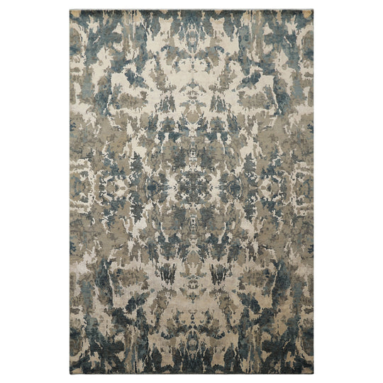 6x8'11'' Hand Knotted Wool & Bamboo Silk Rug Ivory, Teal Modern Sherpa Rug