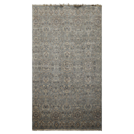 5'11''x9 Hand Knotted Wool Rug Blue, Brown Traditional Agra
