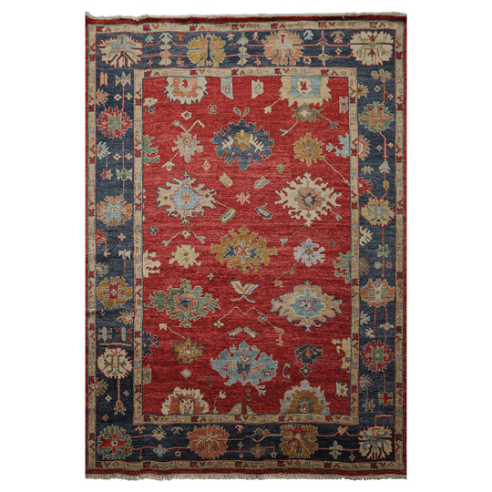 6'2''x8'9'' Hand Knotted Wool Rug Red, Navy Traditional Fine Oushak