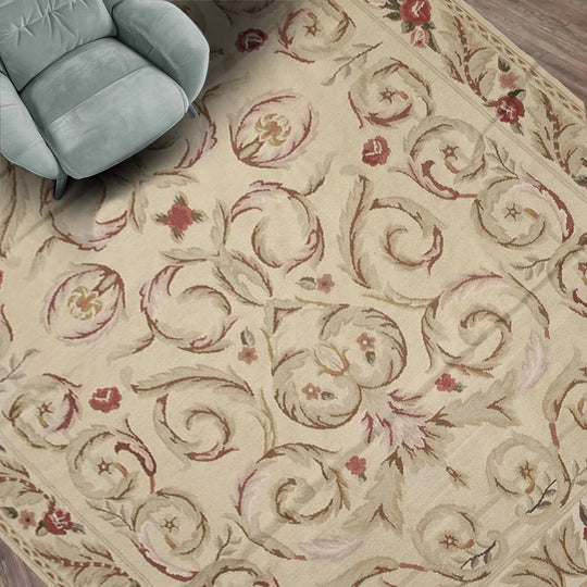 5'5''x7'8" Beige Hand Woven Floral French Country Flatweave Aubusson Wool Oriental Area Rug