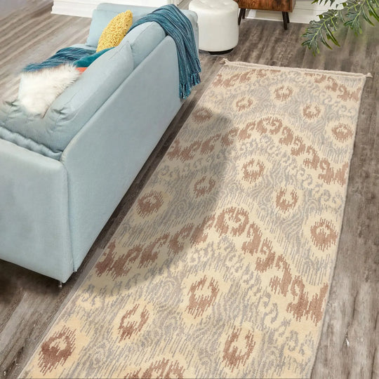 2'4''x8' Runner Ivory Hand Knotted Contemporary KAT Design Wool Foundation Wool Oriental Area Rug