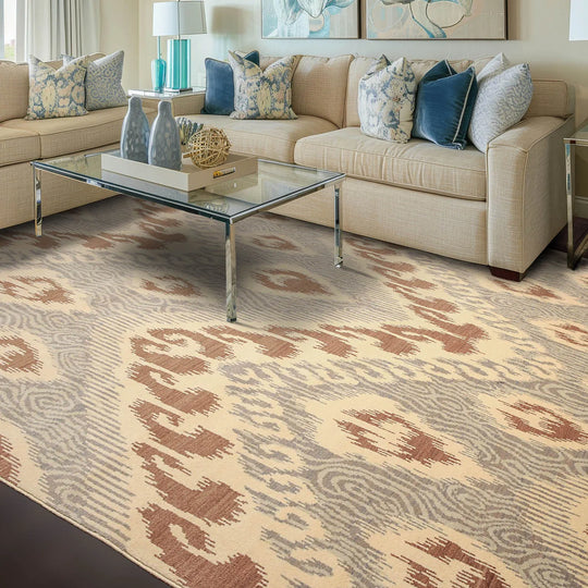 8' x 10' Hand Knotted 100% Wool Ikat Bold Design Oriental Area Rug Beige