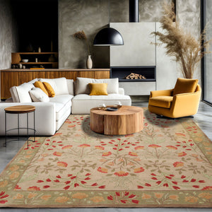 Multi Sizes Handmade Transitional Wool Botanical Floral Area Rug Beige