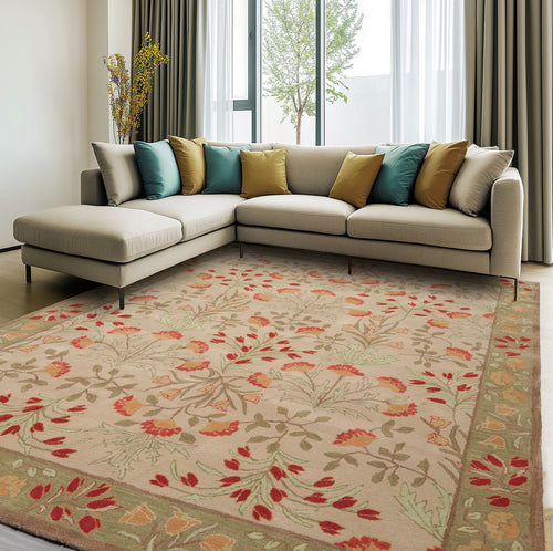 Multi Sizes Handmade Transitional Wool Botanical Floral Area Rug Beige