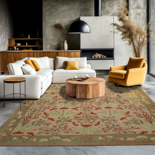 Multi Sizes Handmade Transitional Wool Botanical Floral Area Rug Beige