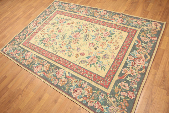5'7"x7'10" Golden Sage Rose Hand Made Needlepoint Traditional Cotton Area Rug