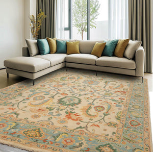 Multi Size Beige Aqua Green Color Hand Knotted Oriental Wool Arts & Crafts/Mission Oriental Rug