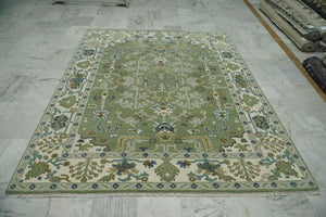 9x12 Green Ivory Gray Color Hand Knotted Oushak Wool Traditional Oriental Rug
