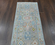 2'6x9 Slate, Gray, Lime Color Hand Knotted Oushak Wool Arts and Crafts Oriental Rug