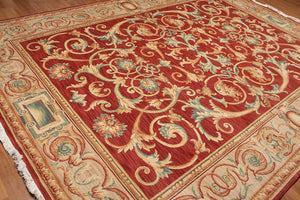 9'x12' Red Hand Knotted Traditional Full Pile Savonnairie Ornate Design Wool Oriental Area Rug