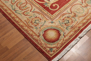 9'x12' Red Hand Knotted Traditional Full Pile Savonnairie Ornate Design Wool Oriental Area Rug