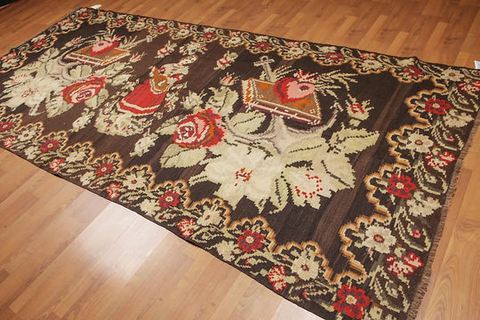 5' 5''x11' 8'' Chocolate Vintage Hand-Woven Turkish Kilim 100% Wool Oriental Area Rug