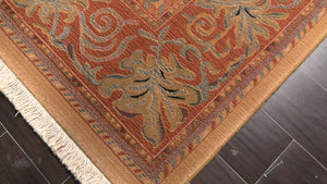 6x9 Gold, Burnt Orange, Green Color Machine Made French Aubusson Savonnerie New Zealand Wool Transitional Oriental Rug