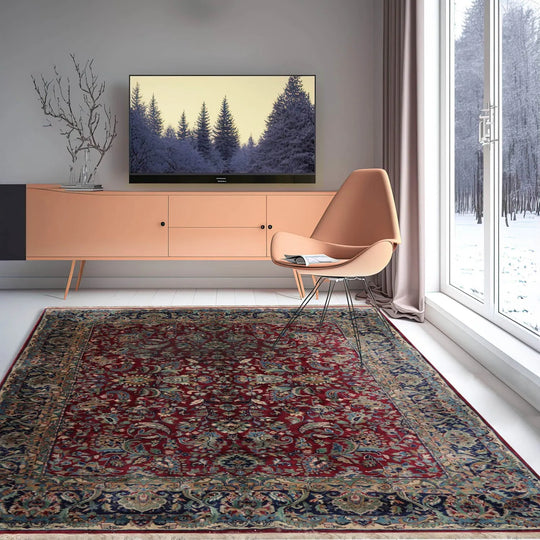 8'1''x10' Hand Knotted 100% Wool Vintage Mashad Traditional Oriental Area Rug Maroon, Navy Color