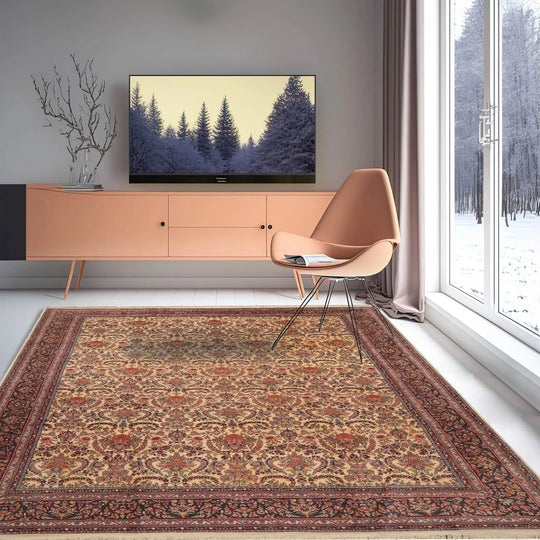 9x12 Warm Beige, Charcoal Hand Knotted 100% Wool Kerman Vintage Traditional Oriental Area Rug