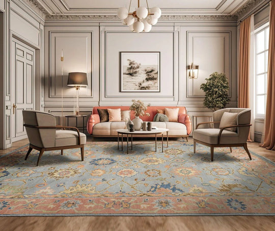 Multi Sizes Blue, Peach LoomBloom Turkish Oushak Hand Knotted 100% Wool Traditional Oriental Area Rug