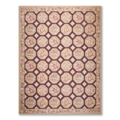 9' x 12' Hand Woven Floral 100% Wool French Needlepoint Area Rug Tan - Oriental Rug Of Houston