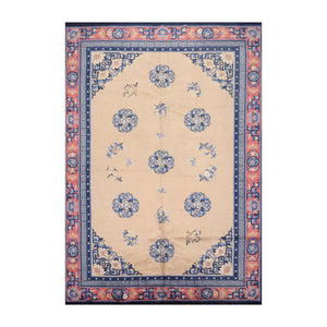 6' 7''x9' 8'' Beige Navy Rose Color Hand Knotted Persian 100% Wool Traditional Oriental Rug
