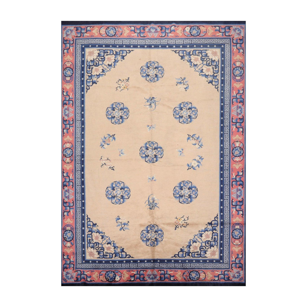 6' 7''x9' 8'' Beige Navy Rose Color Hand Knotted Persian 100% Wool Traditional Oriental Rug