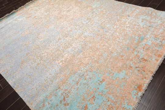 8x10 Aqua, Tan Hand Knotted Sherpa Wool & Silk Modern & Contemporary Oriental Area Rug