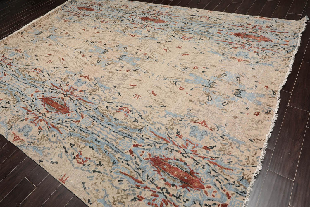 9' x12'  Beige Blue Rust Color Hand Knotted Sherpa Wool and Silk Modern & Contemporary Oriental Rug