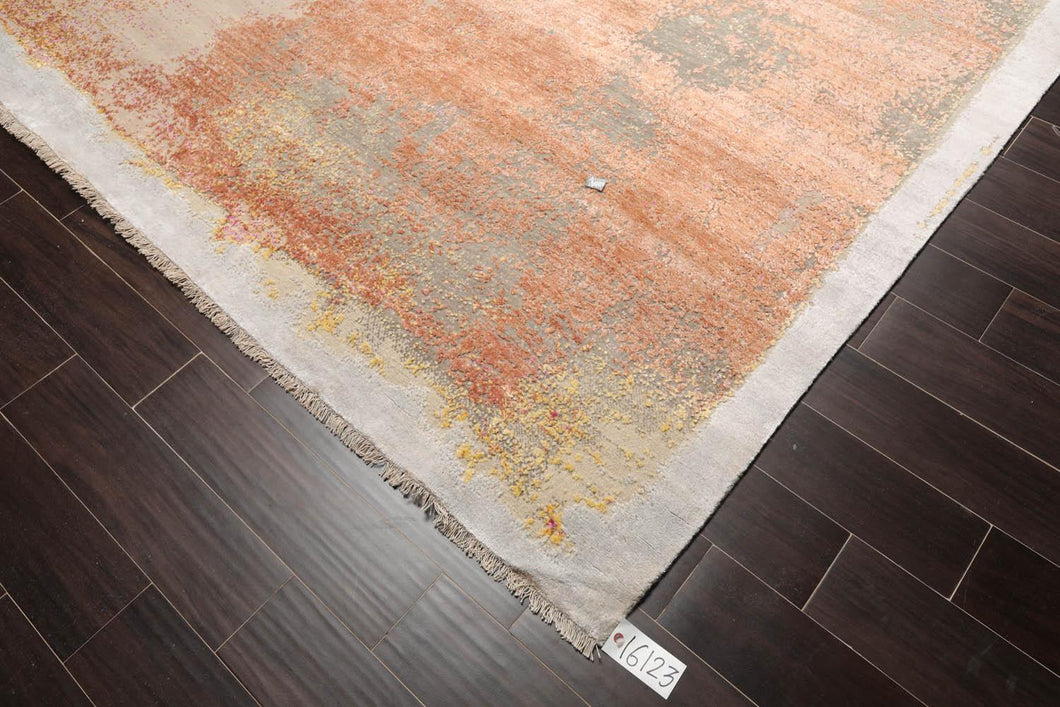 9' x12'  Beige Peach Gold Color Hand Knotted Sherpa Wool and Silk Modern & Contemporary Oriental Rug