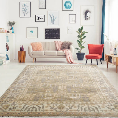 8'x10' Hand Knotted Muted Turkish Oushak 100% Wool Traditional Oriental Area Rug Moss, Beige Color - Oriental Rug Of Houston