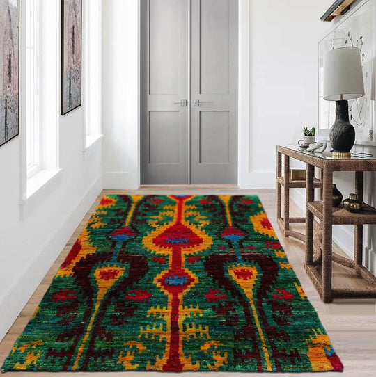 3x5 Green, Red Hand Knotted 100% Silk Tibetan Traditional Oriental Area Rug