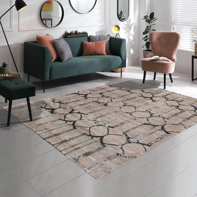 4'x5'9'' Hand Knotted Tibetan Wool and Bamboo Tibetan Modern & Contemporary Oriental Area Rug Gray, Charcoal Color - Oriental Rug Of Houston