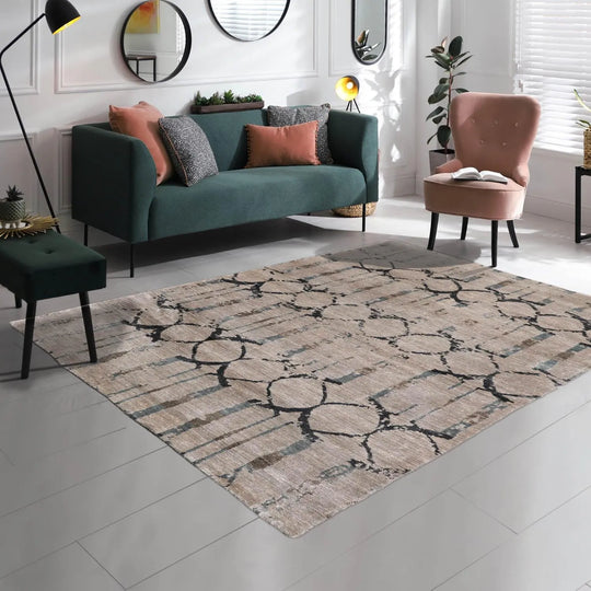 4'x5'9'' Hand Knotted Tibetan Wool and Bamboo Tibetan Modern & Contemporary Oriental Area Rug Gray, Charcoal Color