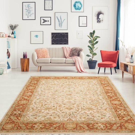 6'2''x9'2'' Hand Knotted 100% Wool Agra Traditional Oriental Area Rug Beige, Burnt Orange Color