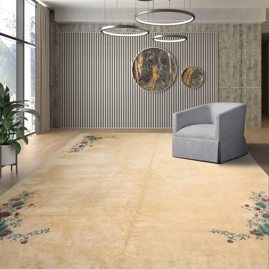 13'4''x16'2'' Hand Knotted 100% Wool Art Deco Traditional Oriental Area Rug Ivory, Turquoise Color