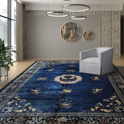 10x14 Royal Blue, Beige Hand Knotted 100% Wool Art Deco Traditional Oriental Area Rug - Oriental Rug Of Houston