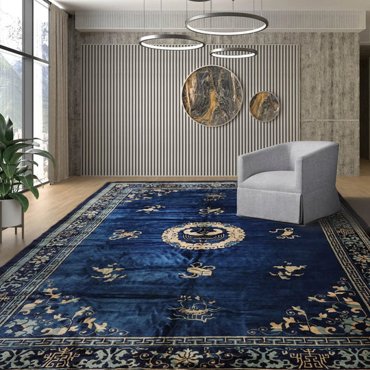 10x14 Royal Blue, Beige Hand Knotted 100% Wool Art Deco Traditional Oriental Area Rug