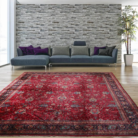 13'10''x16' Burgundy, Navy Palace Hand Knotted 100% Wool Sarouk Traditional Oriental Area Rug