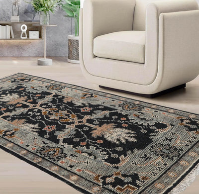 3'x5' Hand Knotted Turkish Oushak 100% Wool Traditional Oriental Area Rug Midnight Blue
,Gray Color - Oriental Rug Of Houston