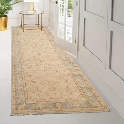 2'7''x9'7'' Hand Knotted Pak Persian 100% Wool Peshawar Traditional Oriental Area Rug Ivory, Blue Color Runner - Oriental Rug Of Houston