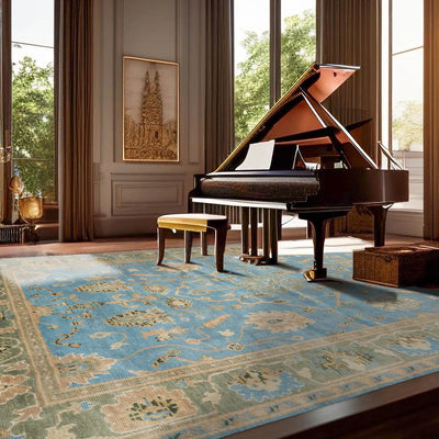 9'x12' Hand Knotted Oushak 100% Wool Transitional Oriental Area Rug Aqua, Sage Color - Oriental Rug Of Houston